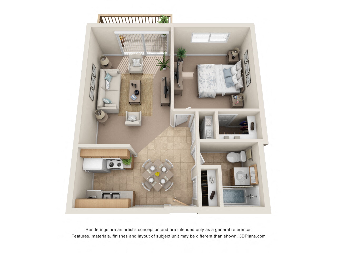 Floor plan for 1 bed, 1 bath, 569 sqft